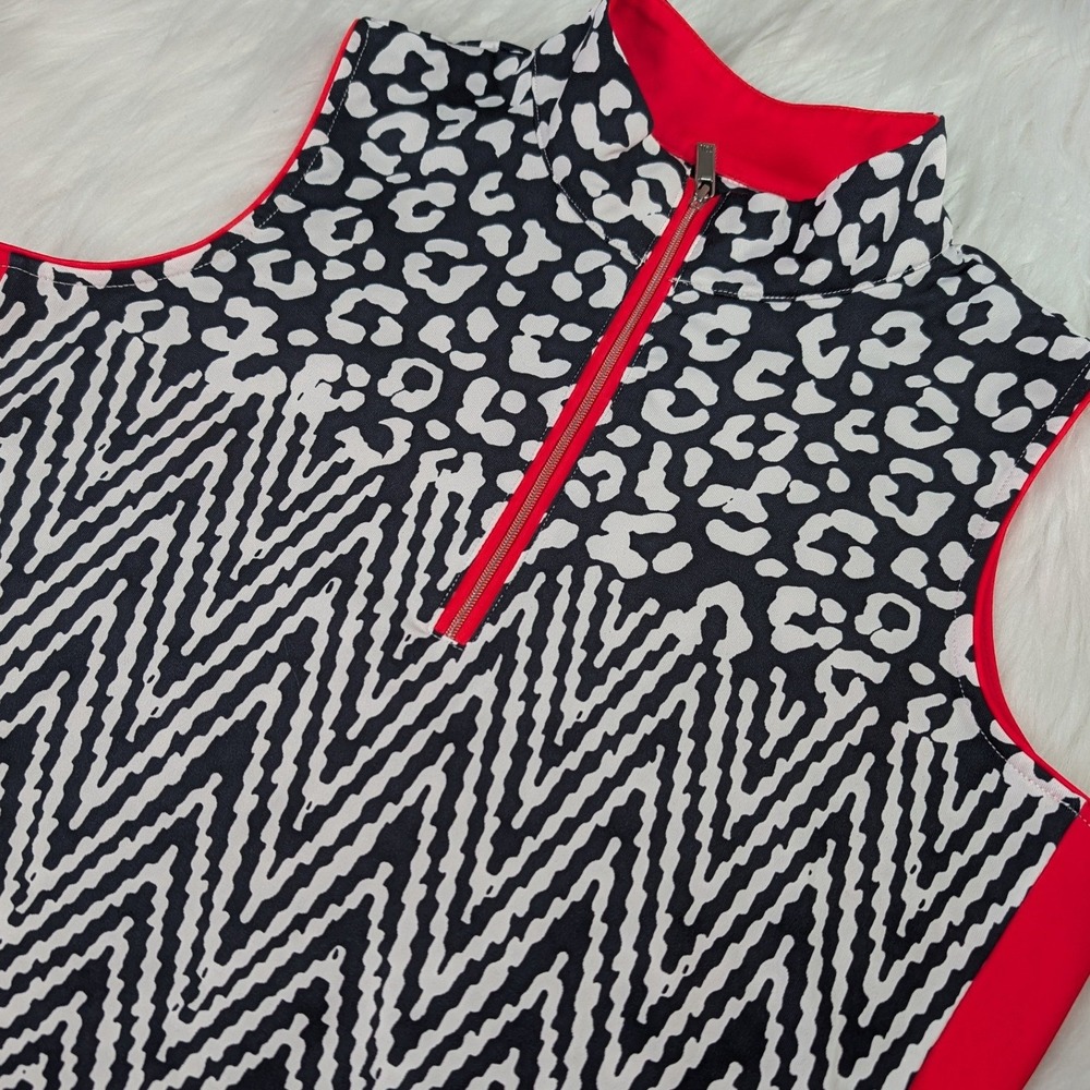 Tail Golf Top Womens Small Black White Red Leopard Chevron 1/4 Zip Sleeveless